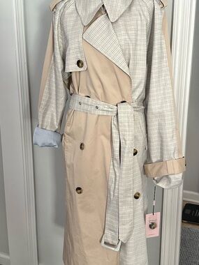 Avec Les Filles Beige and Pink Trench Coat with Plaid Accents